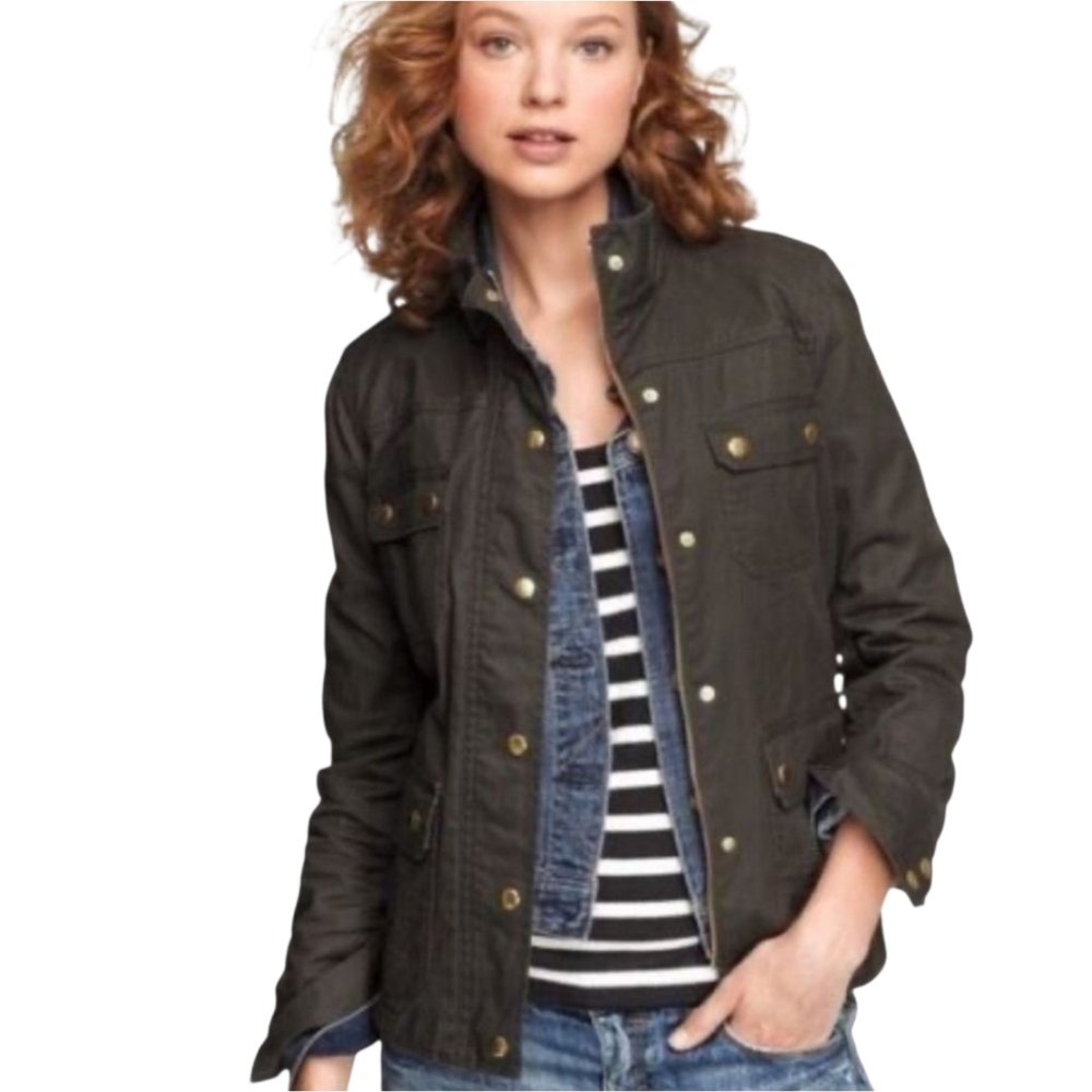J. Crew Downtown Waxed Cotton Field Jacket in Smoky Olive with Gold Buttons